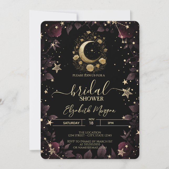 Gold Floral Moon,Stars Roses Bridal Shower Einladung (Vorderseite)