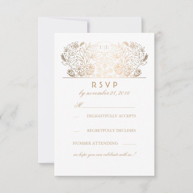 Gold Floral Navy and White Wedding RSVP Card Karte (Vorderseite)