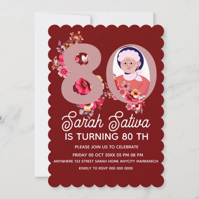 Gold Floral Number 80. Geburtstag Einladung Templa (Vorderseite)