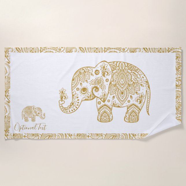 Gold Floral Paisley Elephant Illustration Strandtuch (Vorderseite)