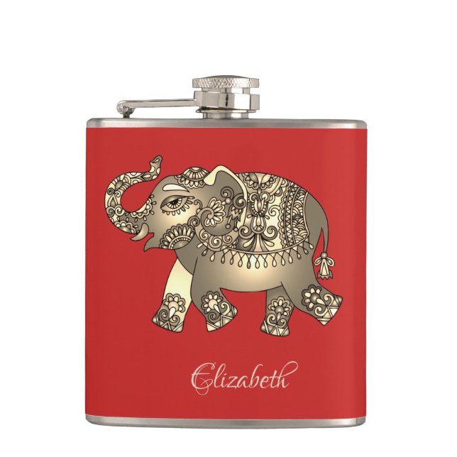 Gold Floral Paisley Elephant, rot-Personalisiert Flachmann (Vorderseite)