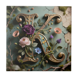 Gold Floral Patina Letter K Monogram Fliese