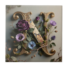 Gold Floral Patina Letter N Monogram Fliese