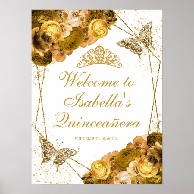 Gold Floral Quinceanera Begrüßungszeichen Poster (Vorne)