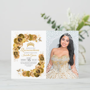 Gold Floral Quinceanera Birthday Foto Einladung