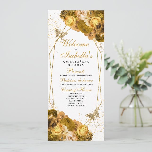 Gold Floral Quinceanera Programm (Stehend Vorderseite)