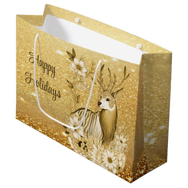 Gold Floral Reindeer-Geschenktasche Große Geschenktüte (Vorderseite Schrägansicht)