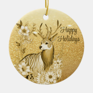 Gold Floral Reindeer Keramik Ornament