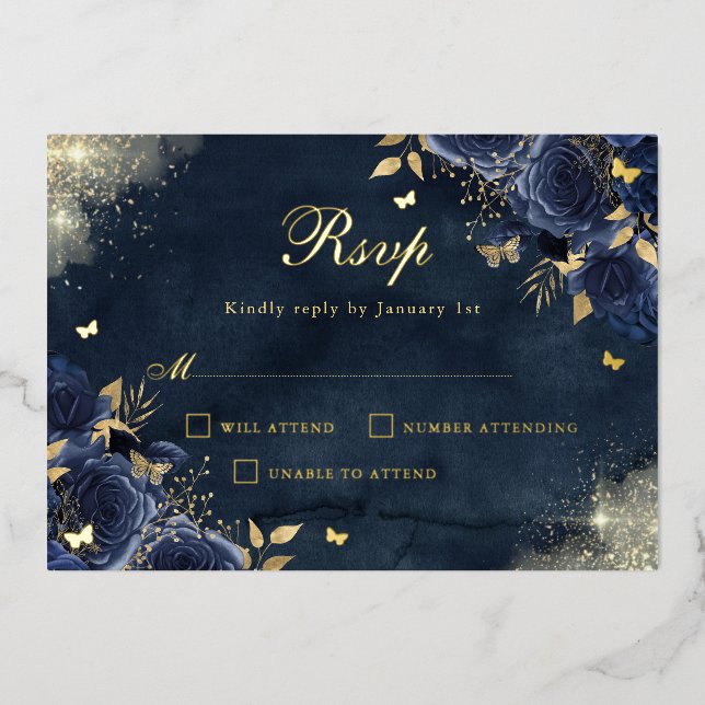 Gold Floral Sparkle Butterfly Navy Quinceanera Folieneinladung (Vorderseite)