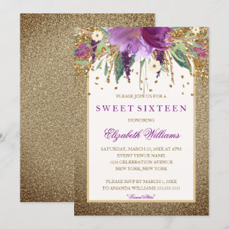 Gold Floral Sparkling Amethyst 16 . Geburtstag Einladung