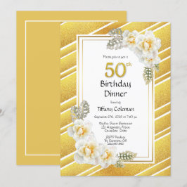 Gold Floral Striped 50. Geburtstag Abendessen Part Einladung