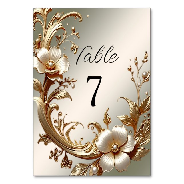 Gold Floral Table Number Tischnummer (Vorderseite)