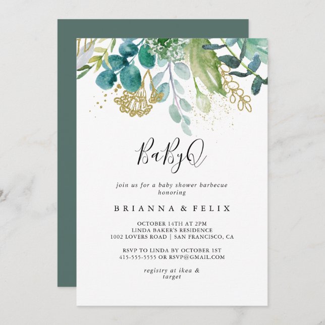Gold Floral Tropical BabyQ Baby Shower Barbecue Einladung (Vorne/Hinten)