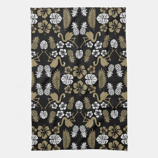 Gold Floral Tropical Gemustert Geschirrtuch (Vertikal)