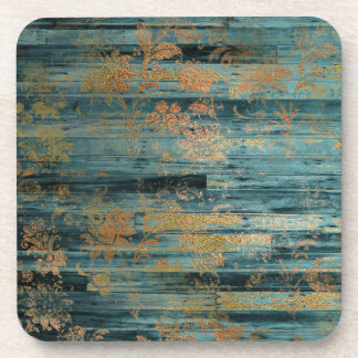 Gold Floral und blau rustikales Holz Dekoupage Getränkeuntersetzer