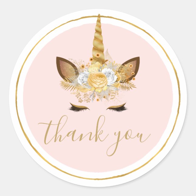 Gold Floral Unicorn Vielen Dank Runder Aufkleber (Vorderseite)