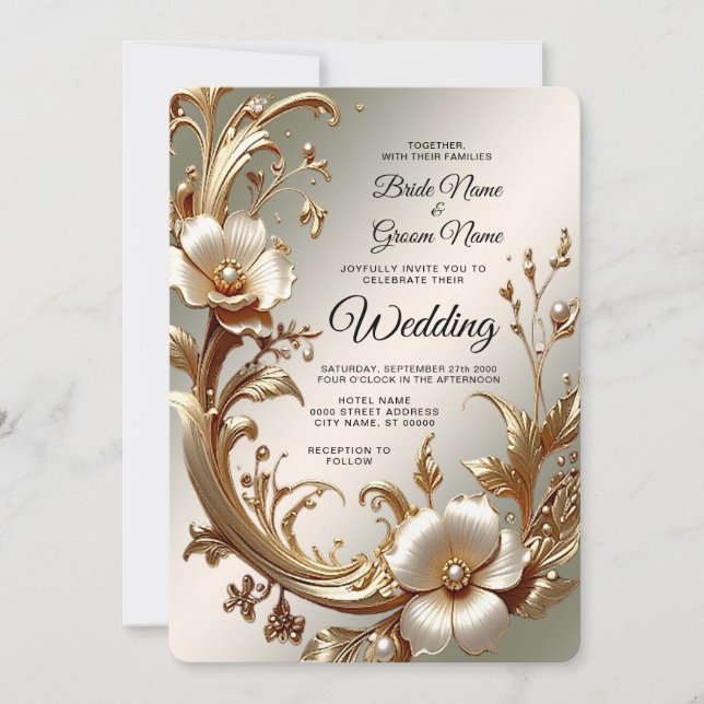 Gold Floral Wedding Invitation Einladung (Vorderseite)