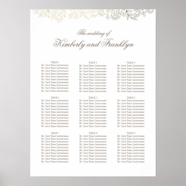 Gold Floral White Wedding Chart Poster (Vorne)