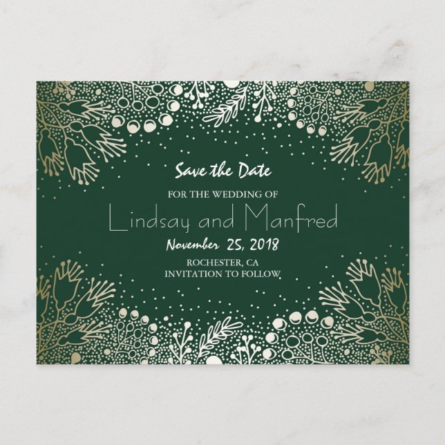 Gold Floral Wonderland Emerald Green Save the Date Ankündigungspostkarte (Vorderseite)
