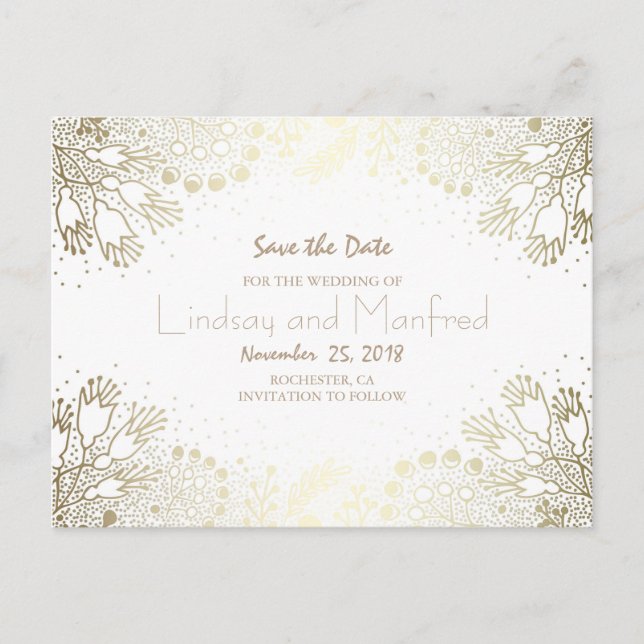 Gold Floral Wonderland White Save the Date Ankündigungspostkarte (Vorderseite)