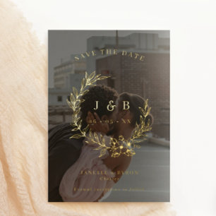 Gold Floral Wreath Monogram Foto Save the Date Folieneinladung