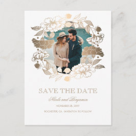Gold Floral Wreath | Peonies | Foto Save the Date Ankündigungspostkarte