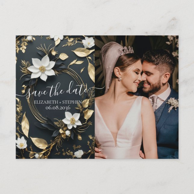 Gold Floral Wreath Wedding Foto Save the Date Ankündigungspostkarte (Vorderseite)