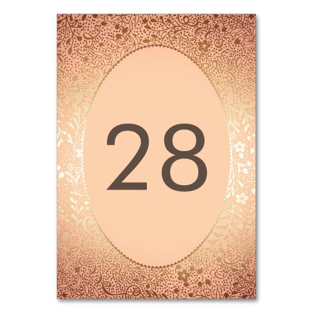 Gold Florals Peach Elegante Wedding Tischnummer (Vorderseite)