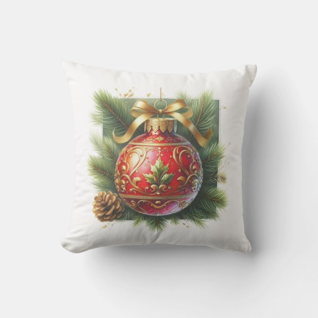 Gold Flourish Red Ornament & Pine  Kissen (Vorderseite)