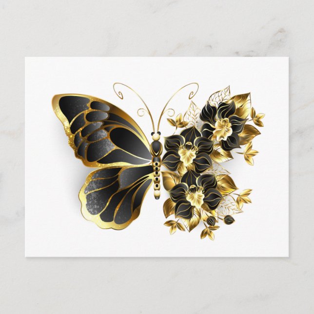 Gold Flower Butterfly with Black Orchid Einladungspostkarte (Vorderseite)