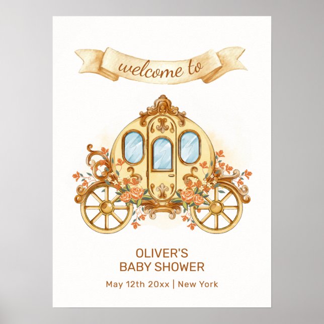 Gold Flower Prince Carriage Baby Shower Welcome Poster (Vorne)
