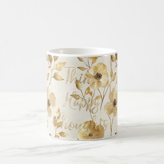 Gold Flowers Inspirational Happy Thoughts Kaffeetasse (Mittel)
