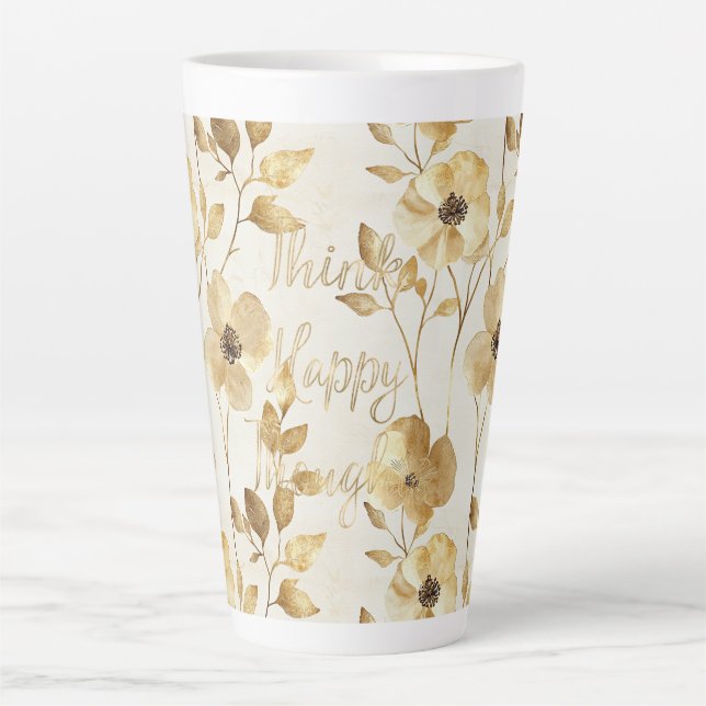 Gold Flowers Inspirational Happy Thoughts Milchtasse (Vorderseite)