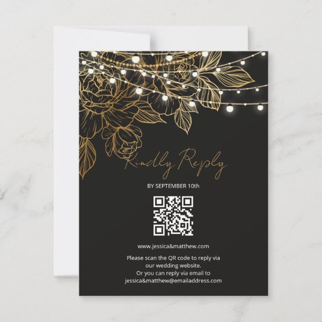 Gold Flowers String Lights Wedding RSVP Karte (Vorderseite)