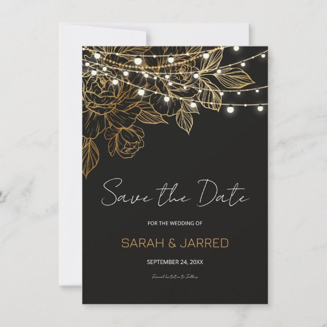 Gold Flowers String Lights Wedding Save The Date (Vorderseite)