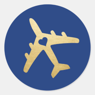 Gold Flugzeug Herz Reise Thema EDITIERBARE FARBE Runder Aufkleber