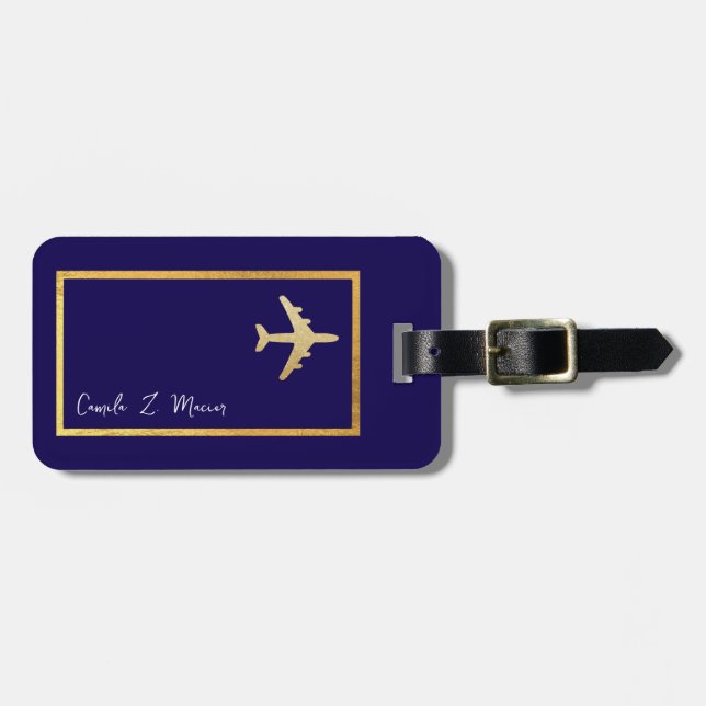 Gold Flugzeug Reise Navy Blau Gepäckanhänger (Vorderseite horizontal)