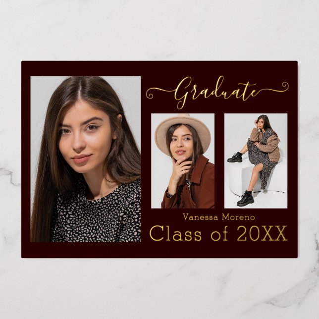 Gold Foil 3 Foto Moderne Kalligraphie Bgy Grad Car Folieneinladung (Vorderseite)