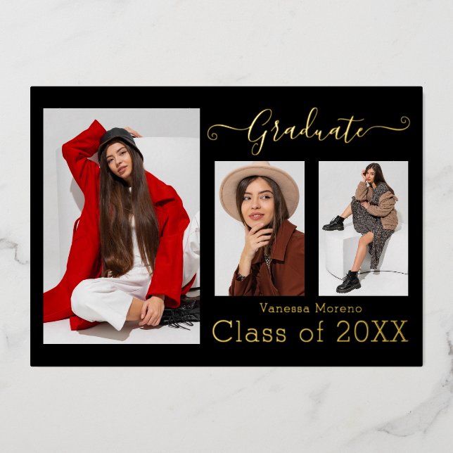 Gold Foil 3 Foto Moderne Kalligraphie BxW Grad Car Folieneinladung (Vorderseite)