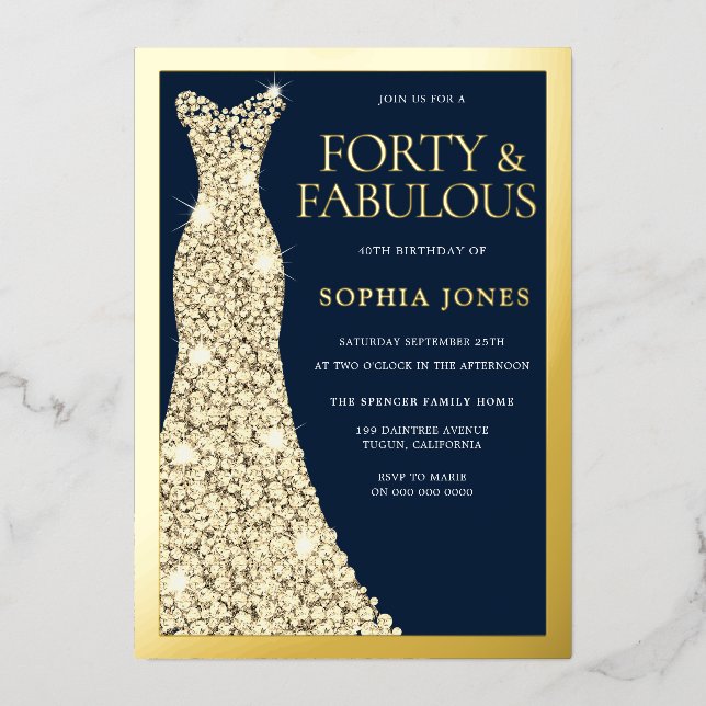 Gold Foil 40 & Fabulous 40. Geburtstag Party Folieneinladung (Vorderseite)