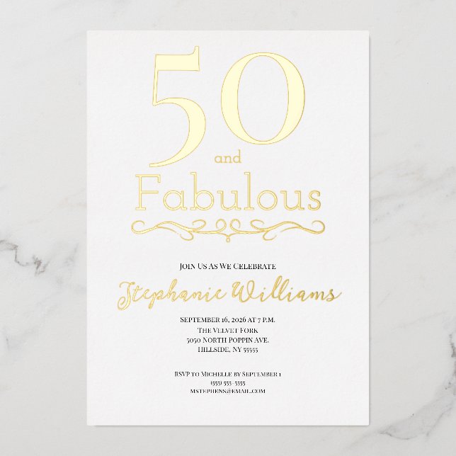 Gold Foil 50 and Fabulous 50th Birthday Party Folieneinladung (Vorderseite)