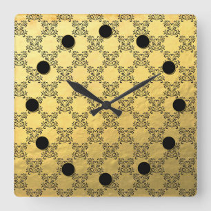 Gold Foil and Black Brocade Pattern Wall Clock Quadratische Wanduhr