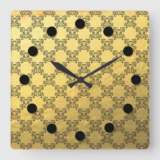 Gold Foil and Black Brocade Pattern Wall Clock Quadratische Wanduhr (Vorderseite)