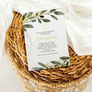Gold Foil and Mediterranean Olive Leaves Baptism Folieneinladung