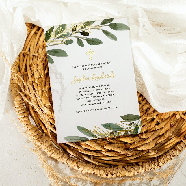 Gold Foil and Mediterranean Olive Leaves Baptism Folieneinladung (Von Creator hochgeladen)
