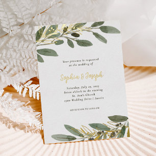 Gold Foil and Olive Blätter Hochzeit Folieneinladung