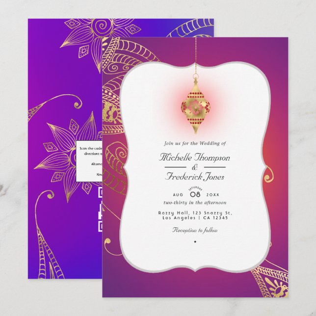 Gold Foil Arabian Bollywood QR Code UAWG Wedding Einladung (Vorne/Hinten)