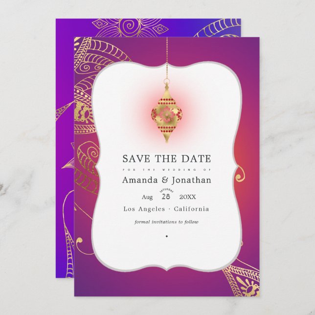 Gold Foil Arabian Bollywood Wedding Foto Save The Date (Vorne/Hinten)