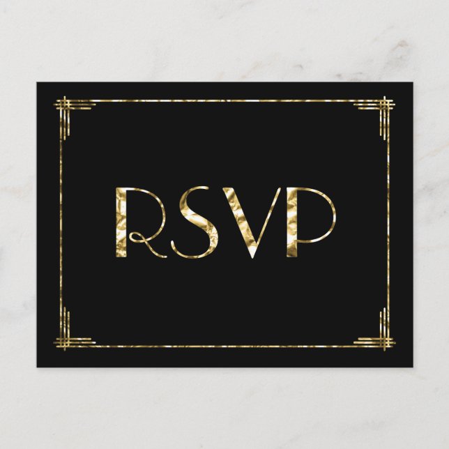 Gold Foil Art Deco Hochzeit RSVP Postkarten Schwar (Vorderseite)