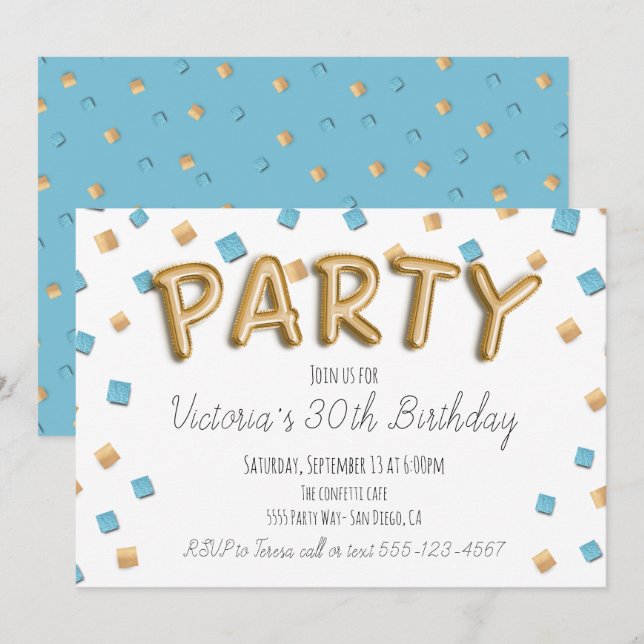 Gold Foil Ballon Letters Party Einladungen (Vorne/Hinten)